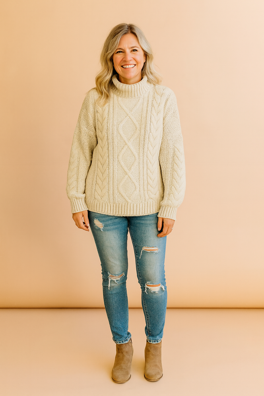 Cream cable-knit turtleneck sweater with diamond and braided patterns, paired with distressed skinny jeans and black ankle boots.