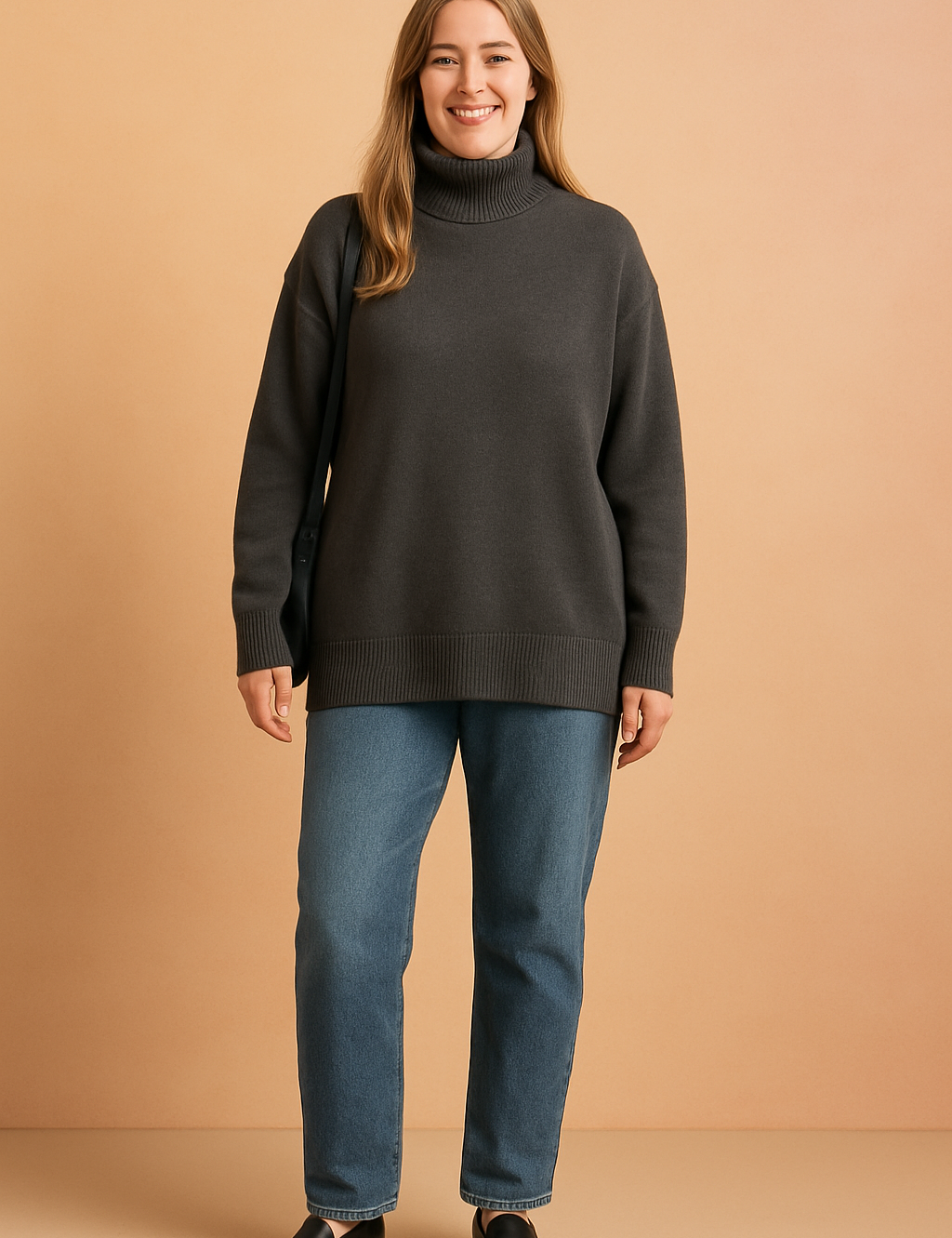 Oversized charcoal gray turtleneck sweater in soft knit with ribbed cuffs and hem, paired with mid-wash straight-leg jeans and black leather loafers.