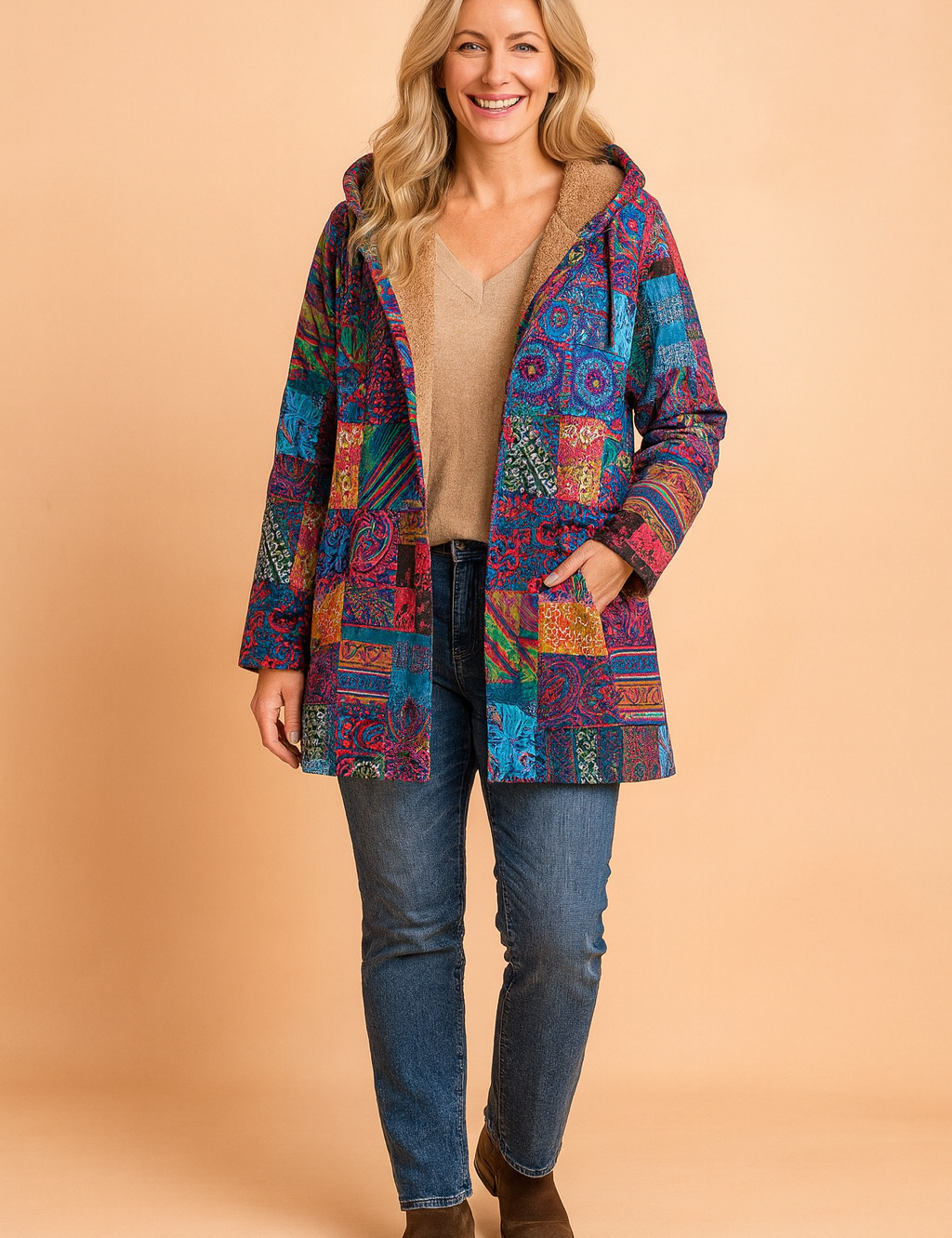 Multicolor patchwork hooded coat featuring bold tribal and floral patterns, fully lined with soft tan faux fur, designed with long sleeves and an open front cut.