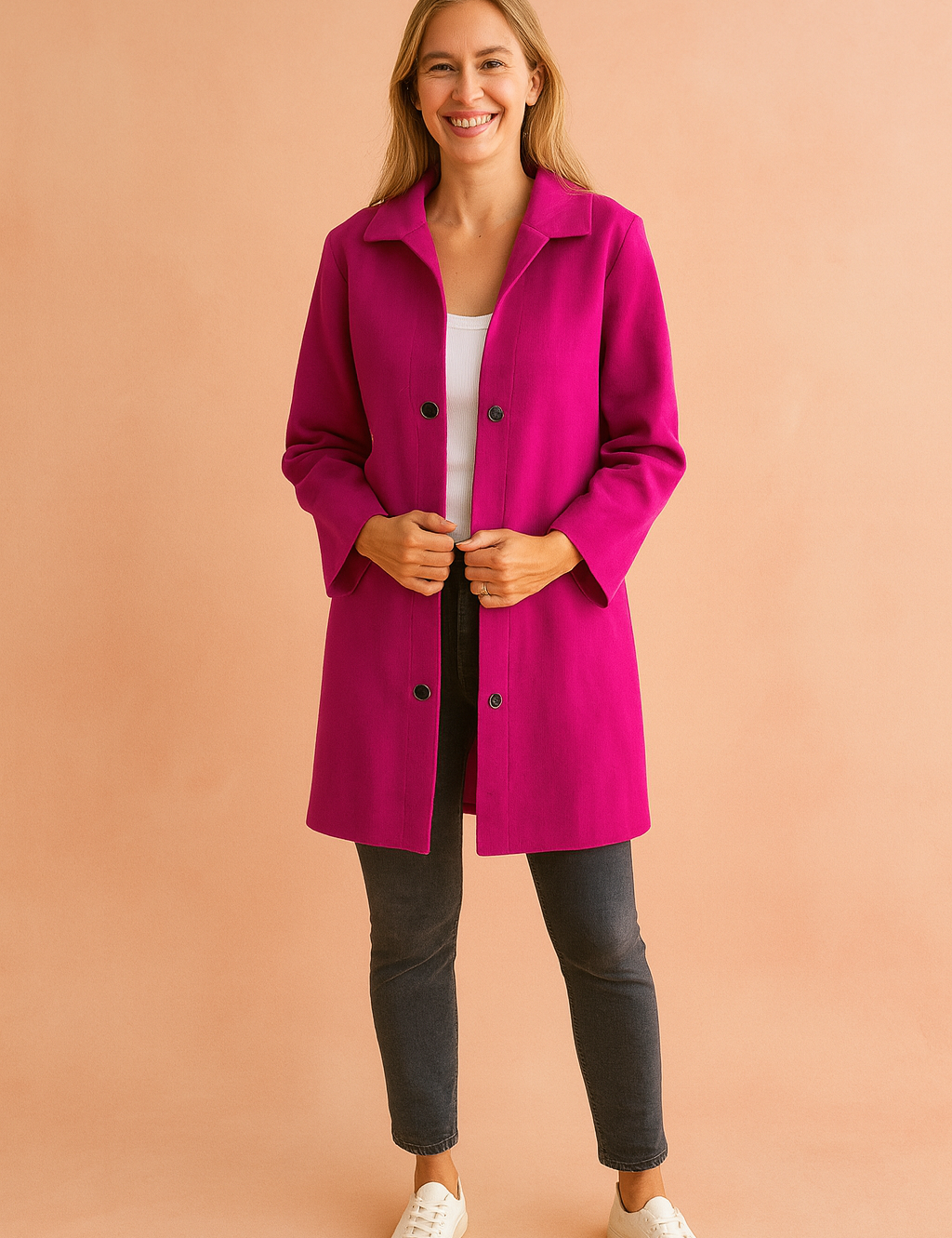 Fuchsia longline button-up jacket with black snap buttons, styled over a white top, paired with dark slim jeans and white sneakers.