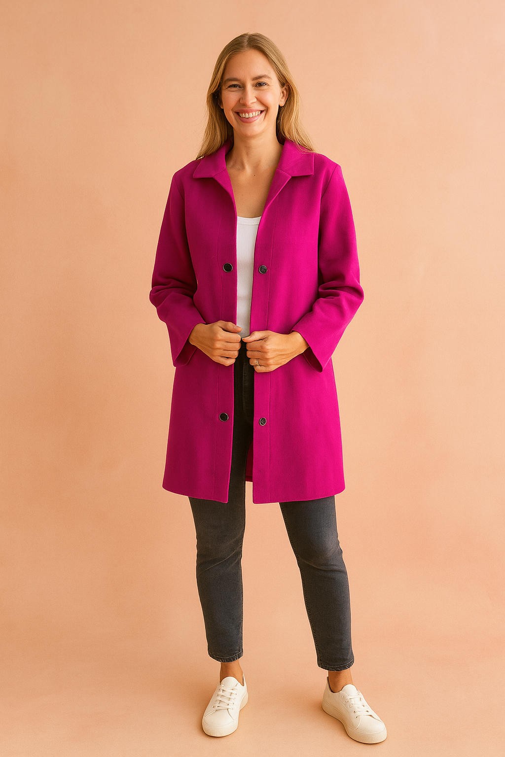 Fuchsia longline button-up jacket with black snap buttons, styled over a white top, paired with dark slim jeans and white sneakers.