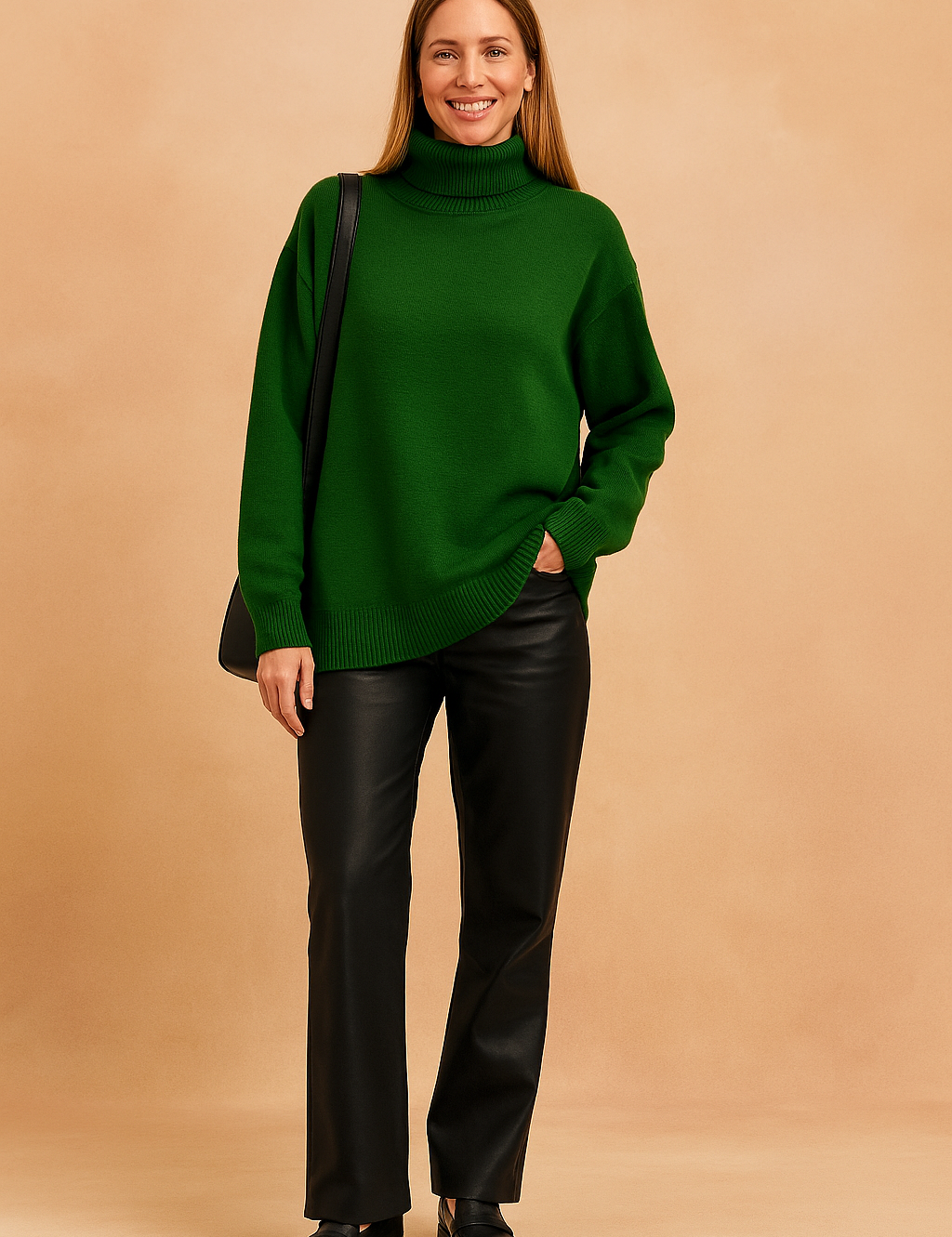 Forest green oversized turtleneck sweater in soft knit fabric with ribbed edges, styled with black leather-look pants and black loafers, paired with a sleek black shoulder bag.
