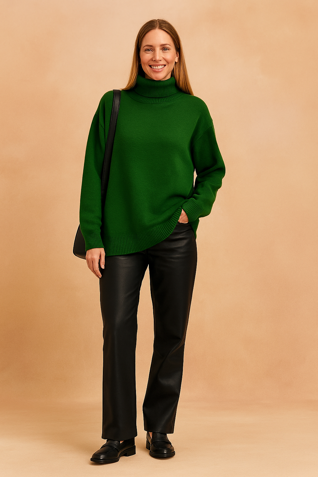 Forest green oversized turtleneck sweater in soft knit fabric with ribbed edges, styled with black leather-look pants and black loafers, paired with a sleek black shoulder bag.