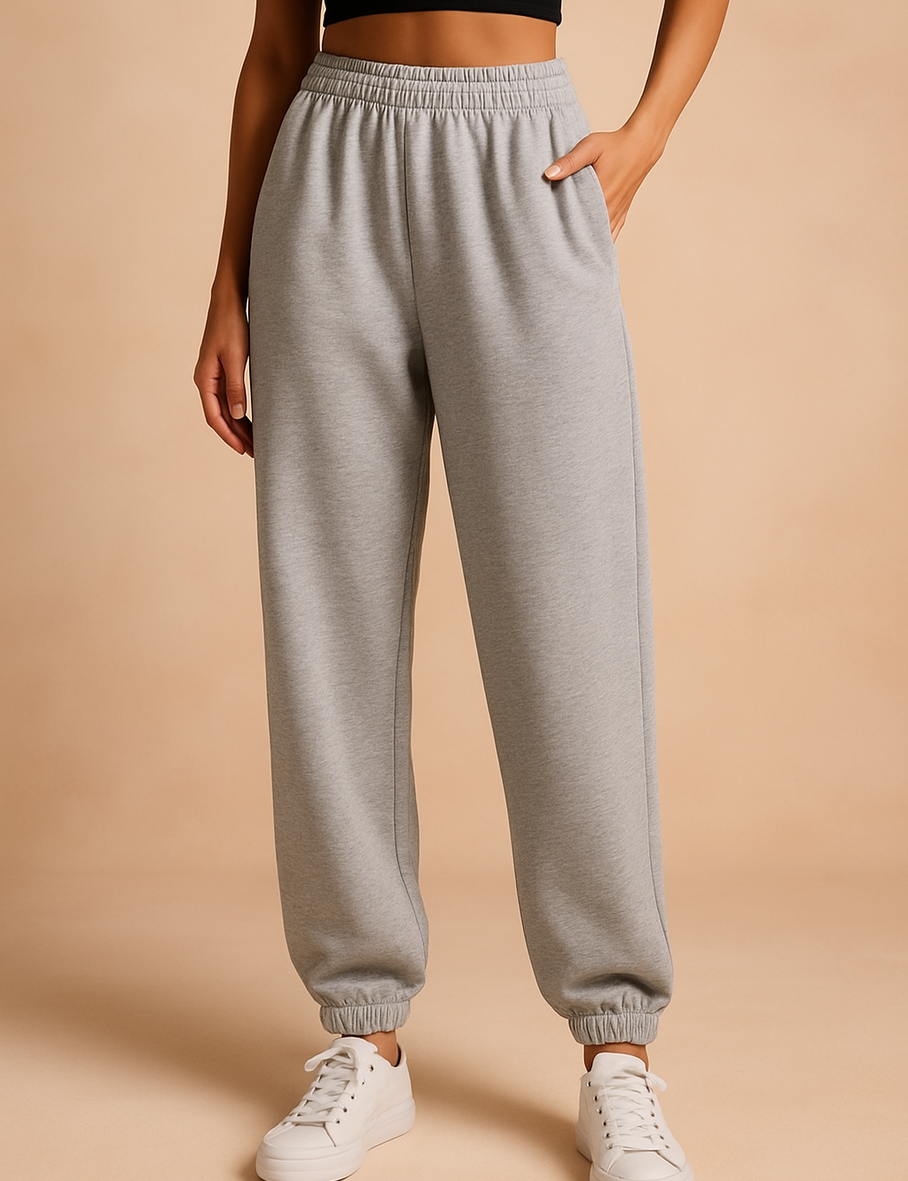 Heather gray high-waisted jogger sweatpants with an elastic waistband and ankle cuffs, styled with white sneakers for a casual loungewear look.
