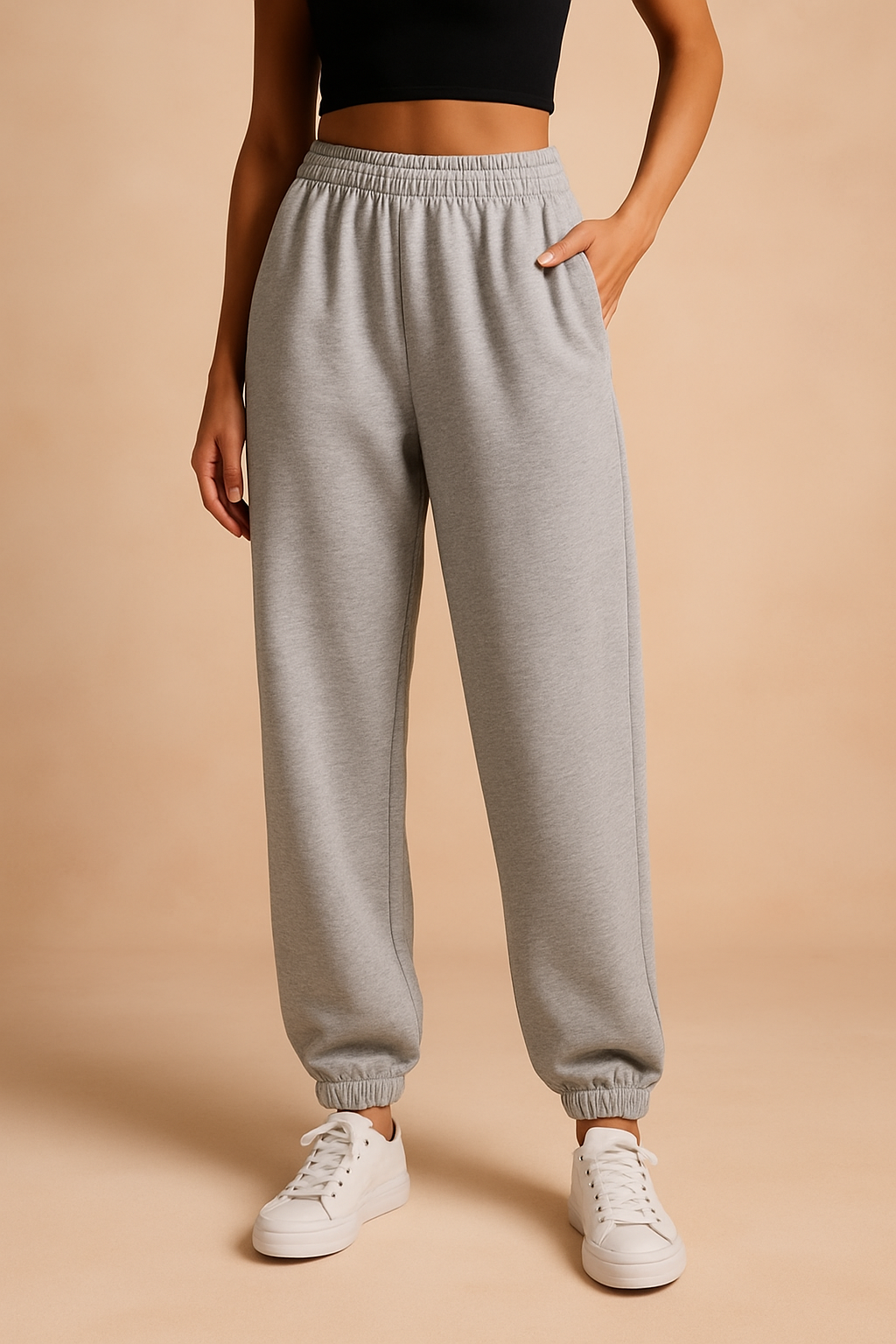 Heather gray high-waisted jogger sweatpants with an elastic waistband and ankle cuffs, styled with white sneakers for a casual loungewear look.