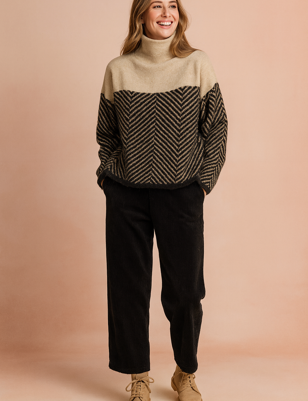 Cozy two-tone turtleneck sweater with a soft beige top section and black herringbone patterned lower half, paired with relaxed black corduroy pants and beige lace-up ankle boots.