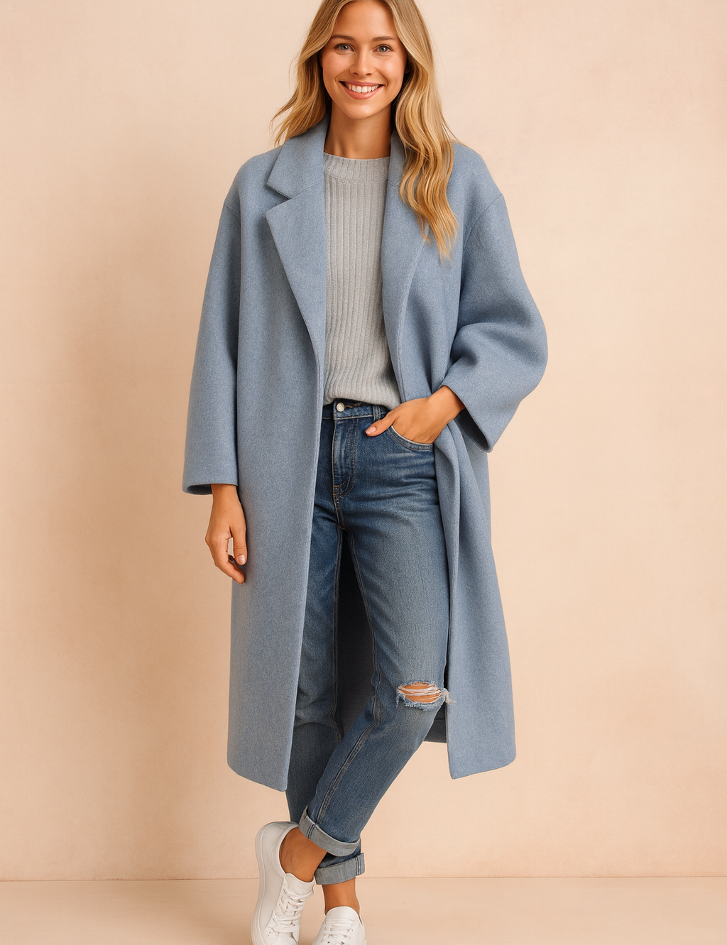 Light blue oversized long coat with relaxed sleeves and notched lapel, styled over a ribbed gray sweater, distressed jeans, and white sneakers.