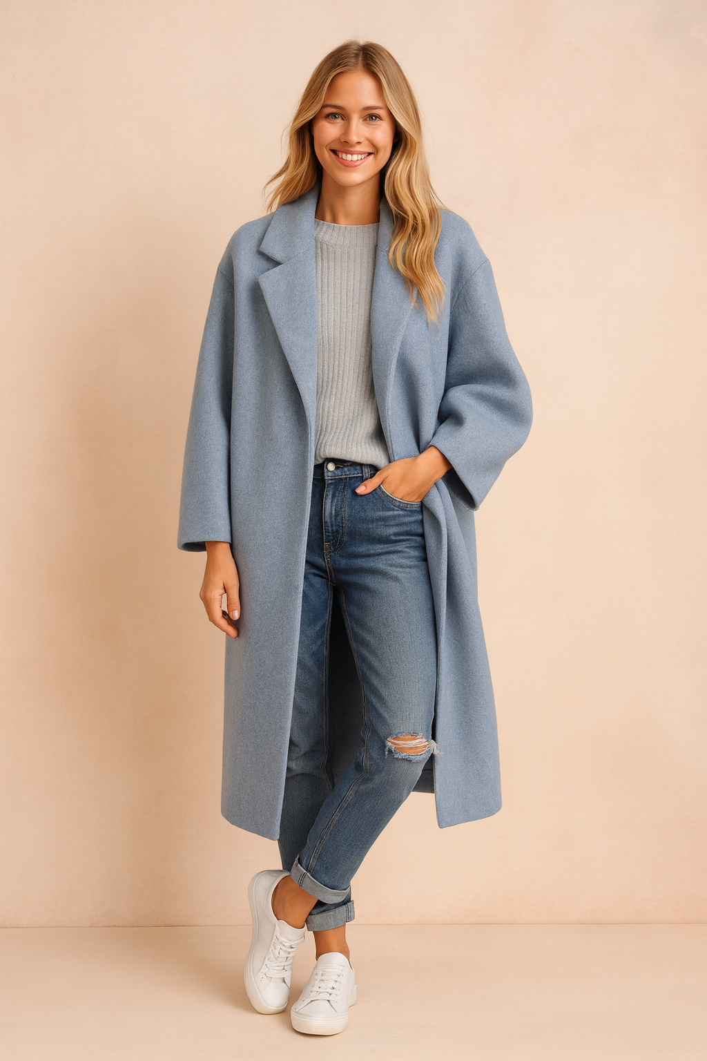 Light blue oversized long coat with relaxed sleeves and notched lapel, styled over a ribbed gray sweater, distressed jeans, and white sneakers.