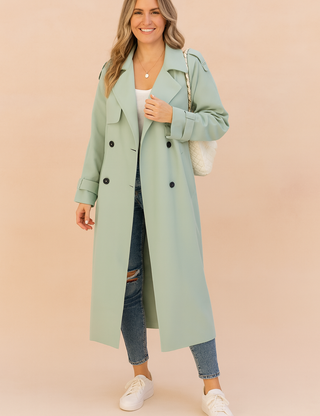 Mint green double-breasted trench coat with black buttons, paired with a white top, distressed blue skinny jeans, and white lace-up sneakers.