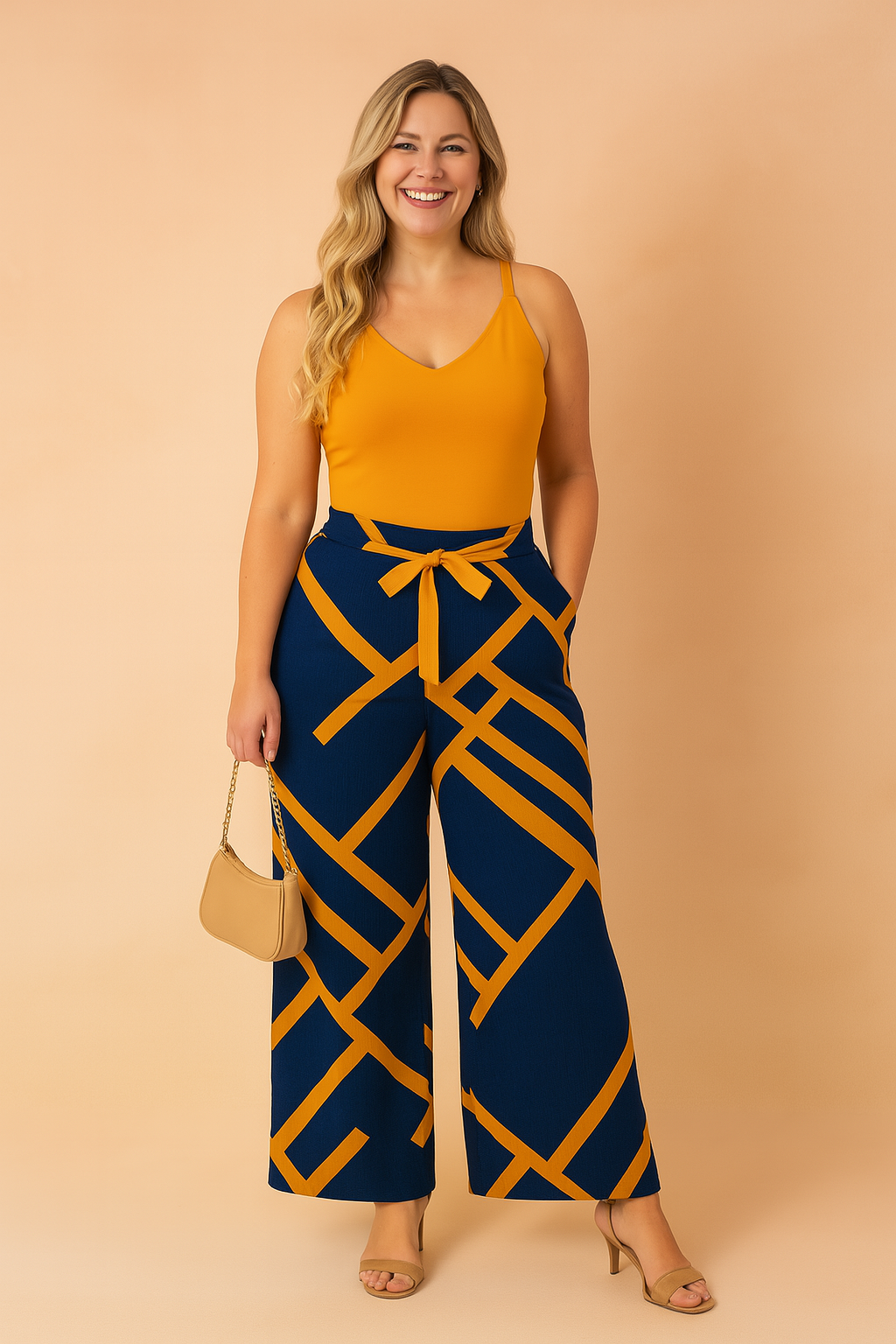 Sleeveless mustard top paired with high-waisted navy wide-leg pants featuring bold mustard geometric stripes and a centered mustard waist tie.