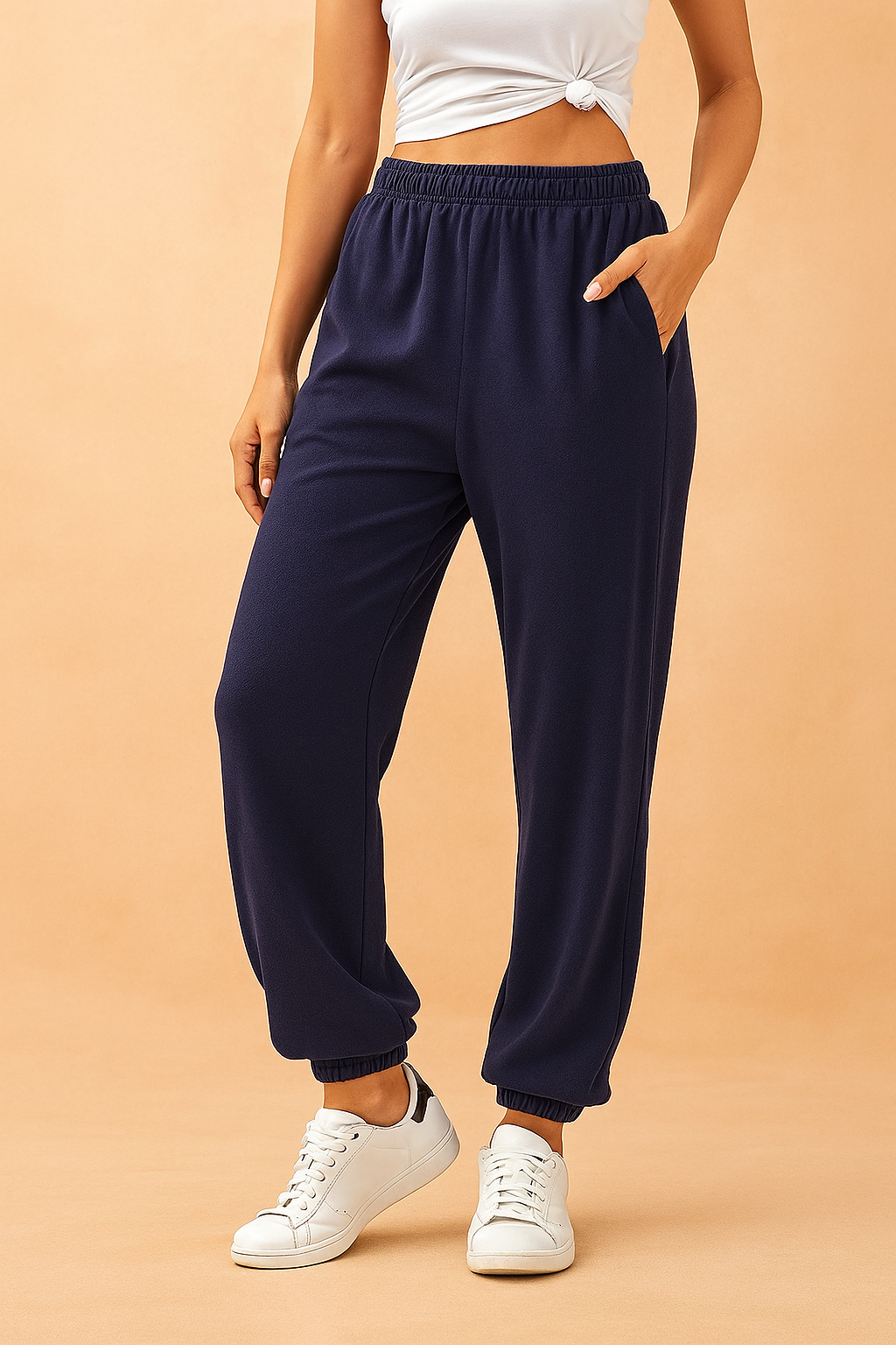 Navy blue tapered sweatpants with elastic waistband and ankle cuffs, styled casually with a white crop top and white sneakers.
