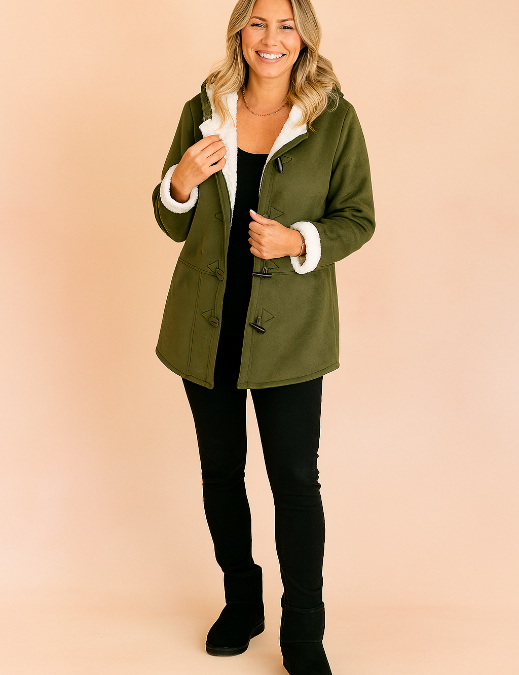 Olive green suede toggle coat with white sherpa lining, featuring front toggle buttons, structured seams, and cuffed sleeves, paired with fitted black pants and black winter boots.