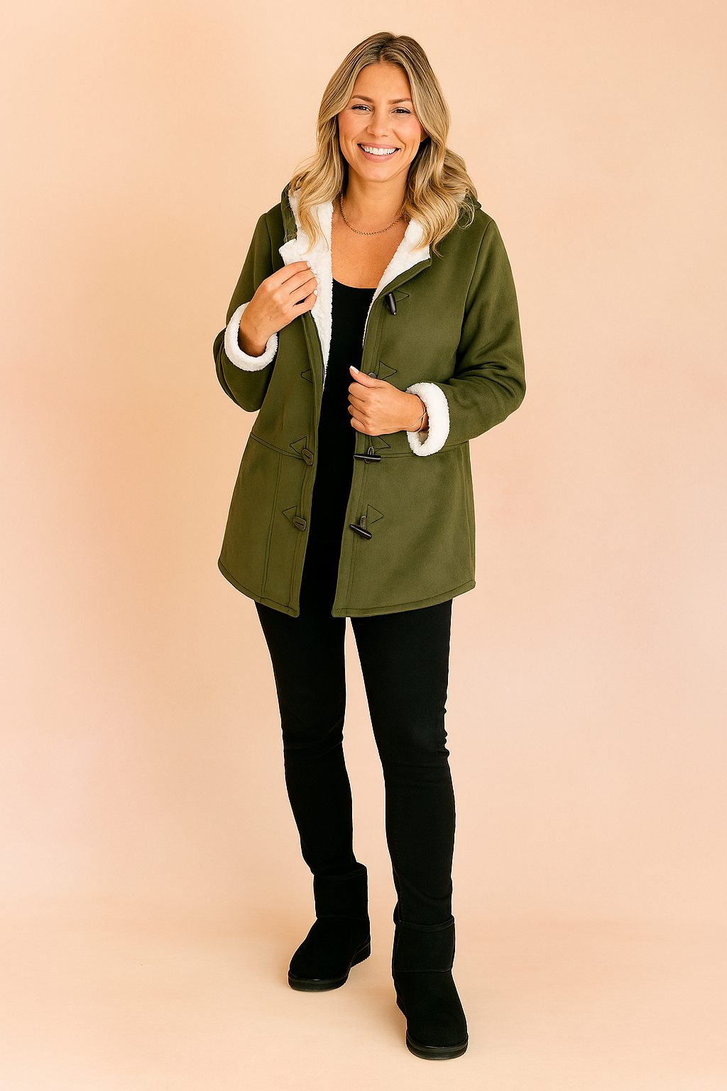 Olive green suede toggle coat with white sherpa lining, featuring front toggle buttons, structured seams, and cuffed sleeves, paired with fitted black pants and black winter boots.