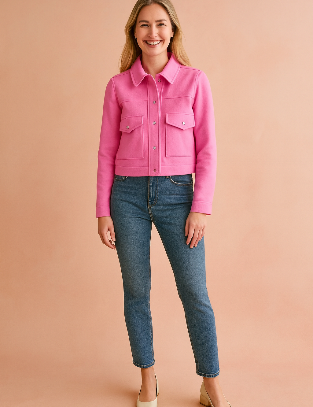 Cropped bright pink button-up jacket with pointed collar and front flap pockets, styled with slim blue jeans and cream block heel shoes.