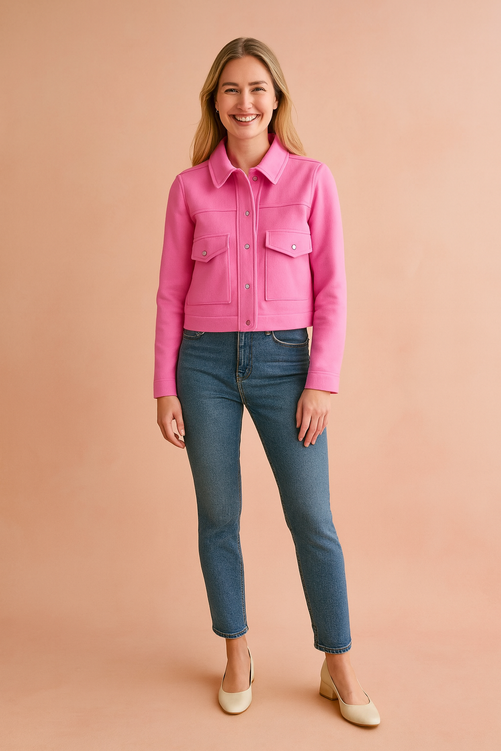 Cropped bright pink button-up jacket with pointed collar and front flap pockets, styled with slim blue jeans and cream block heel shoes.