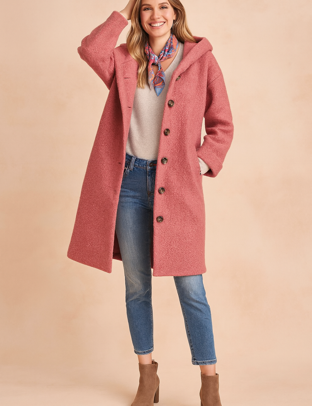 Long pink button-up coat with hood, featuring textured wool-like fabric, side pockets, and a relaxed fit, paired with jeans and ankle boots.