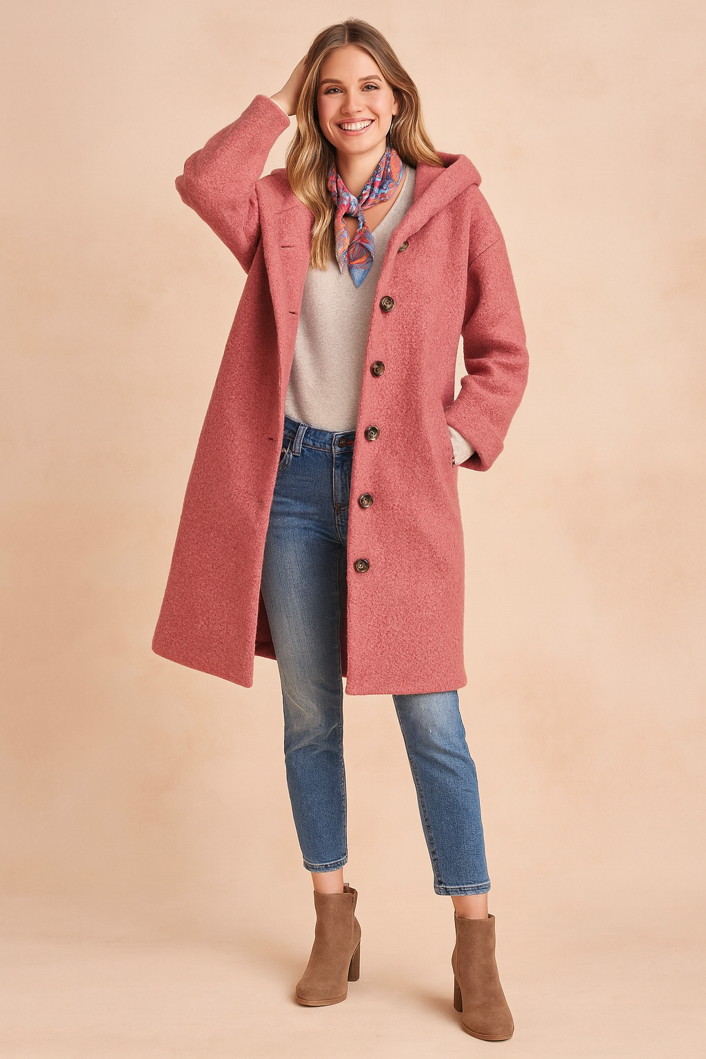 Long pink button-up coat with hood, featuring textured wool-like fabric, side pockets, and a relaxed fit, paired with jeans and ankle boots.