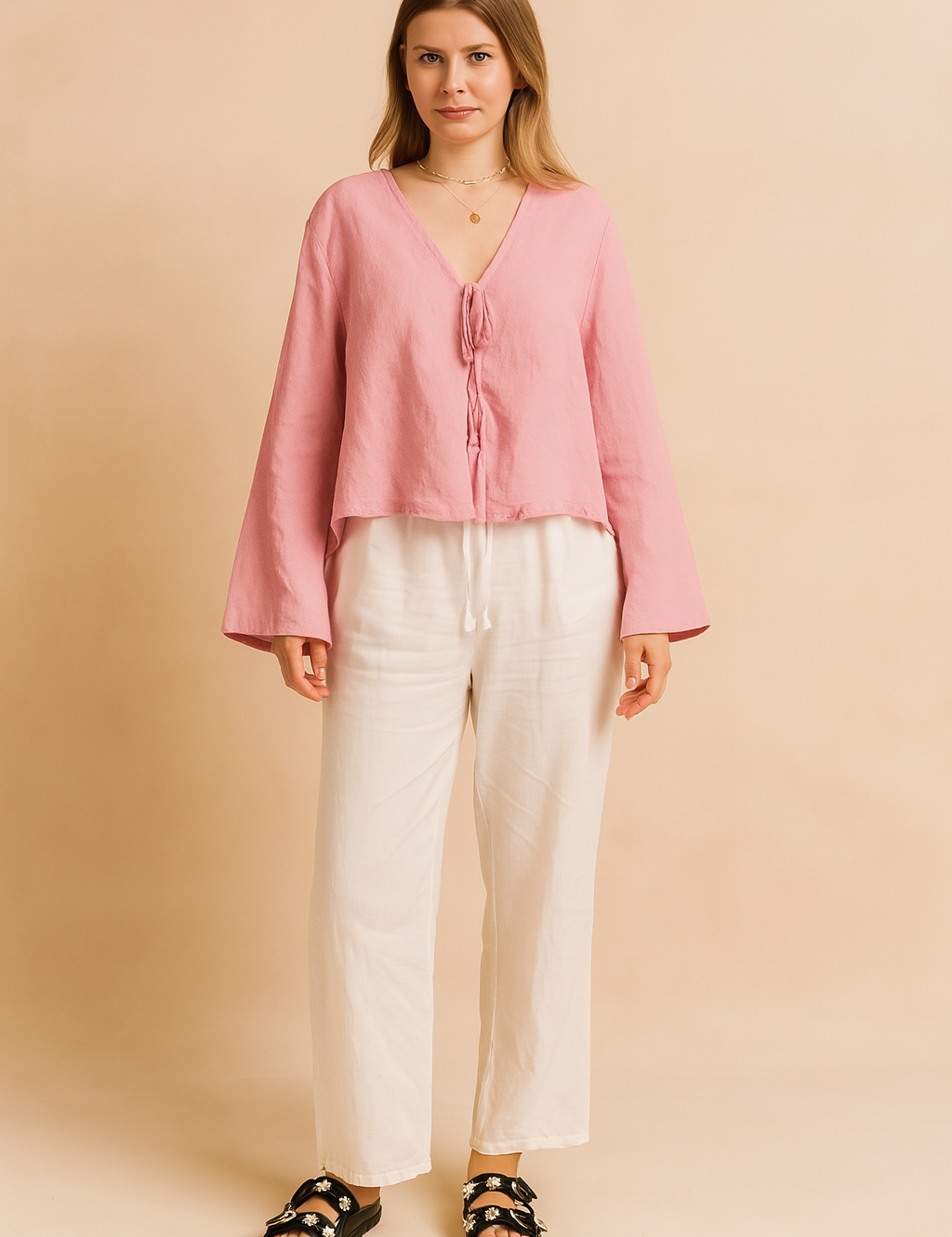 Pastel pink tie-front blouse with long sleeves styled with relaxed white pants and black daisy-embellished sandals, perfect for a light summer outfit.
