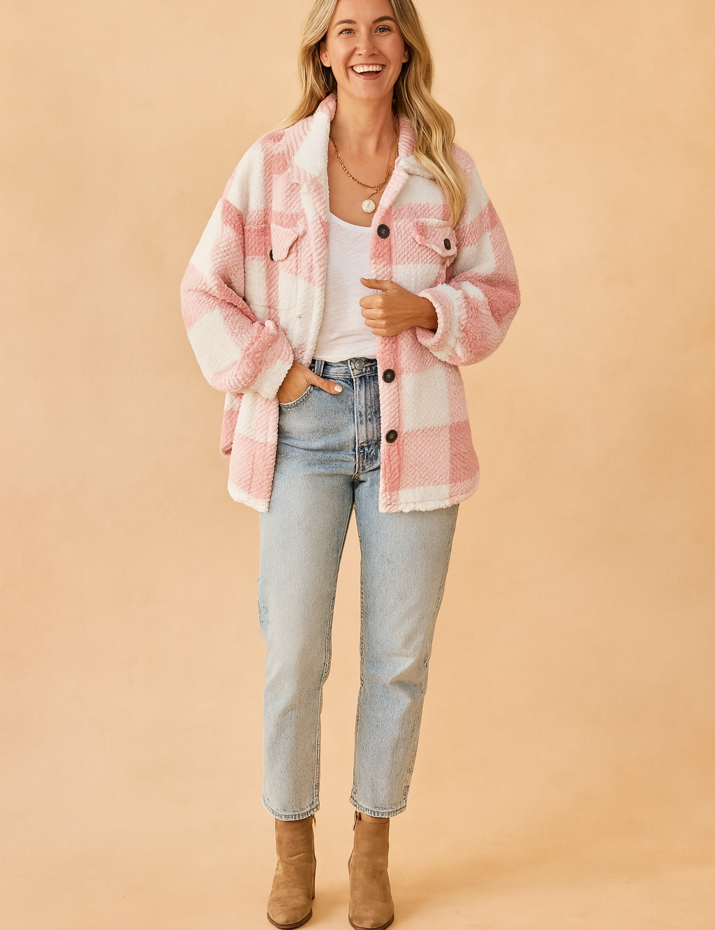 Pink and white plaid sherpa shacket with front flap pockets, black buttons, and cozy fleece texture, styled over a white scoop-neck tee and high-rise light wash jeans