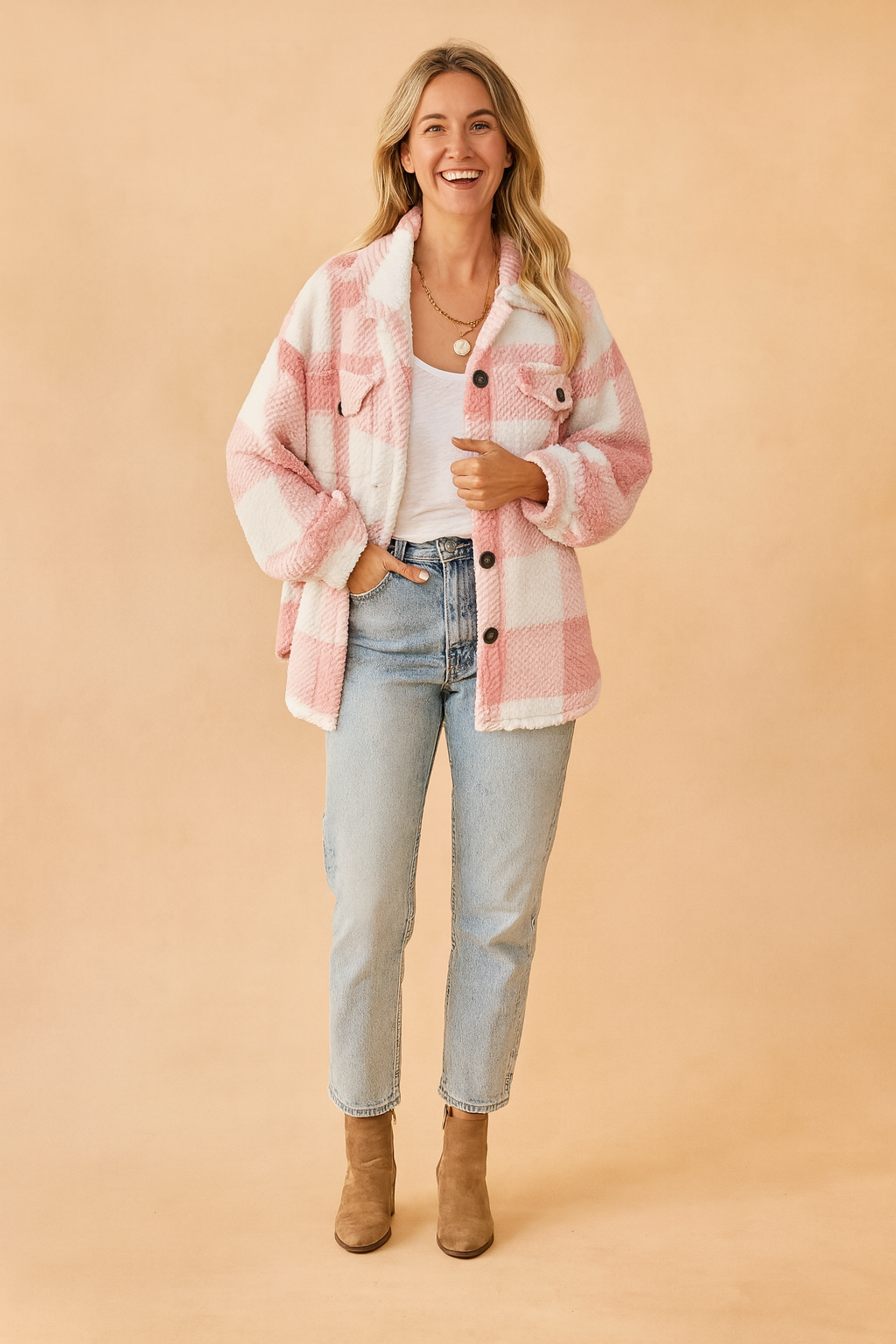 Pink and white plaid sherpa shacket with front flap pockets, black buttons, and cozy fleece texture, styled over a white scoop-neck tee and high-rise light wash jeans