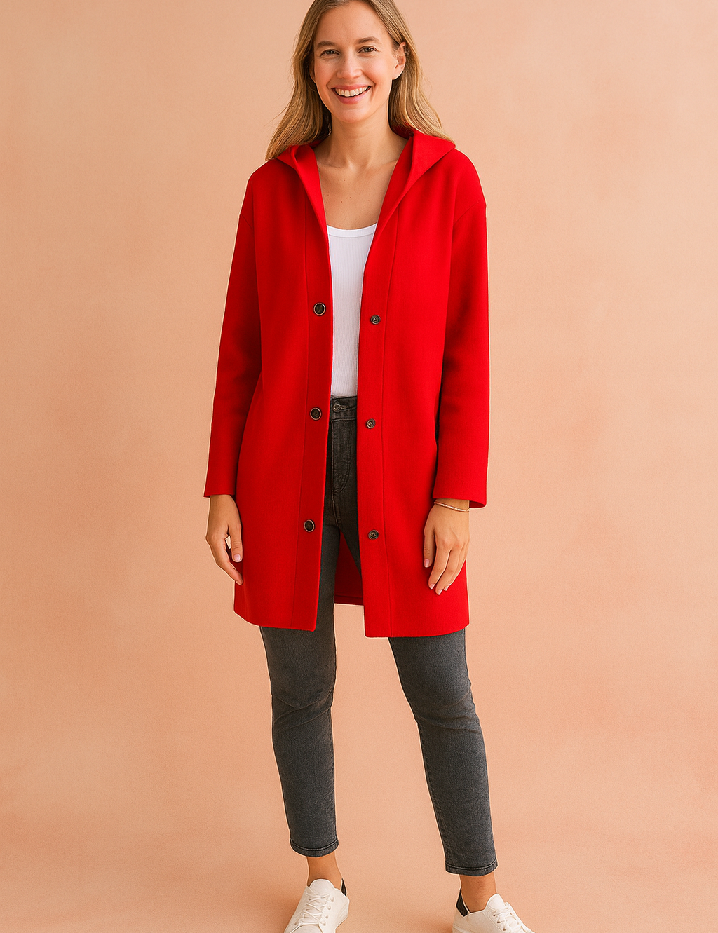 Vibrant red longline button-up jacket with black snap buttons, paired with a white top, charcoal skinny jeans, and white sneakers.