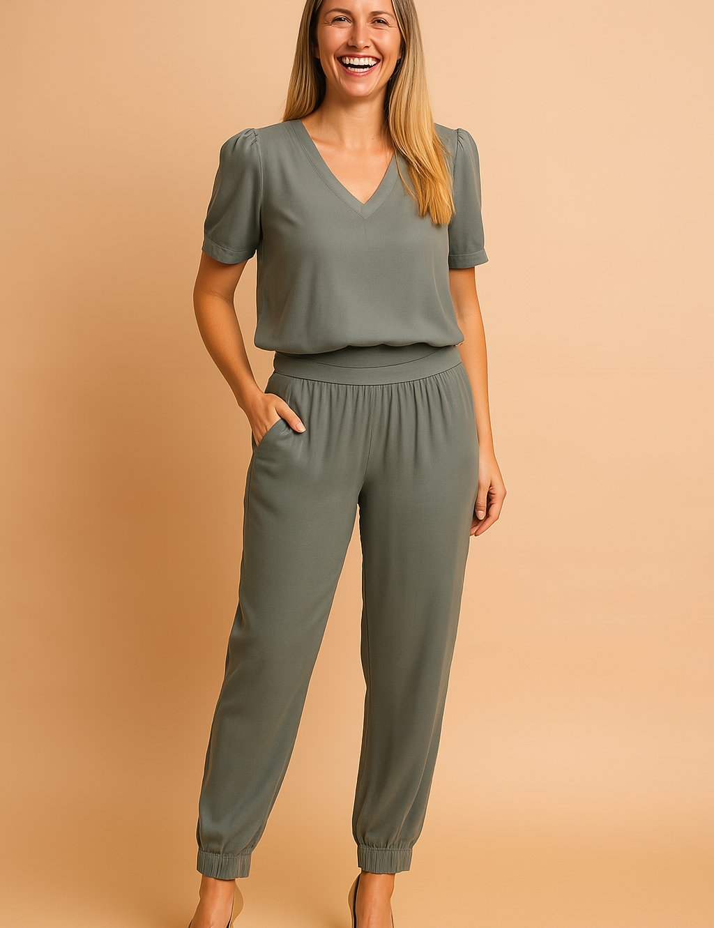 Two-piece coord set featuring a relaxed-fit V-neck blouse and high-waisted jogger pants with elastic cuffs, all in a cool-toned muted sage grey shade. The outfit showcases a smooth, lightweight fabric with soft draping and subtle pleating along the waistband for a polished, versatile look.