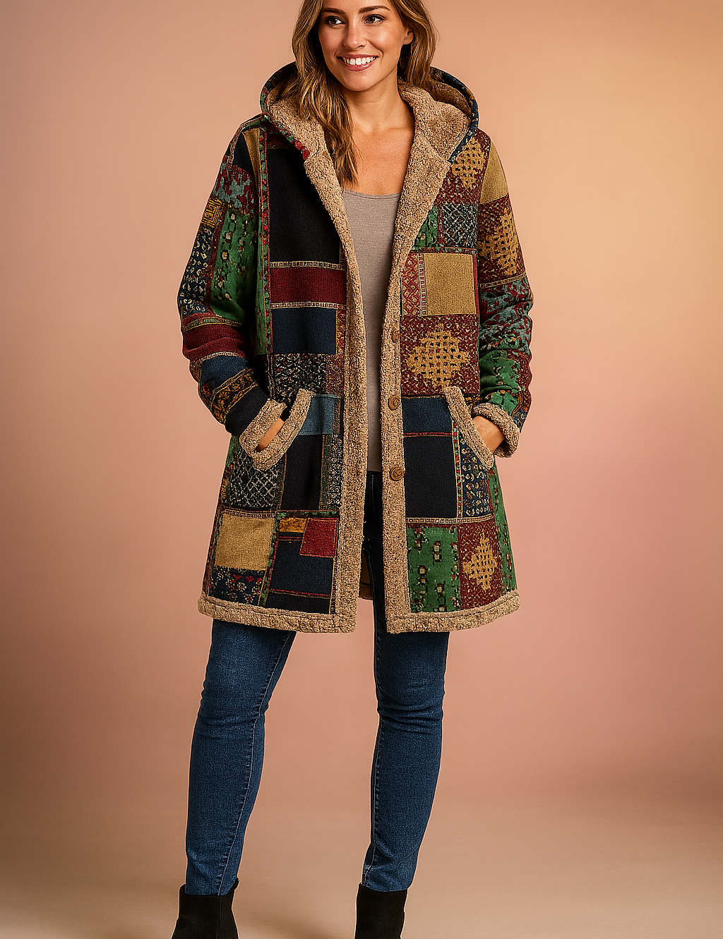 Women's long patchwork hooded coat with multicolor square and rectangle panels, sherpa fleece lining, deep side pockets, and wooden button front closure.