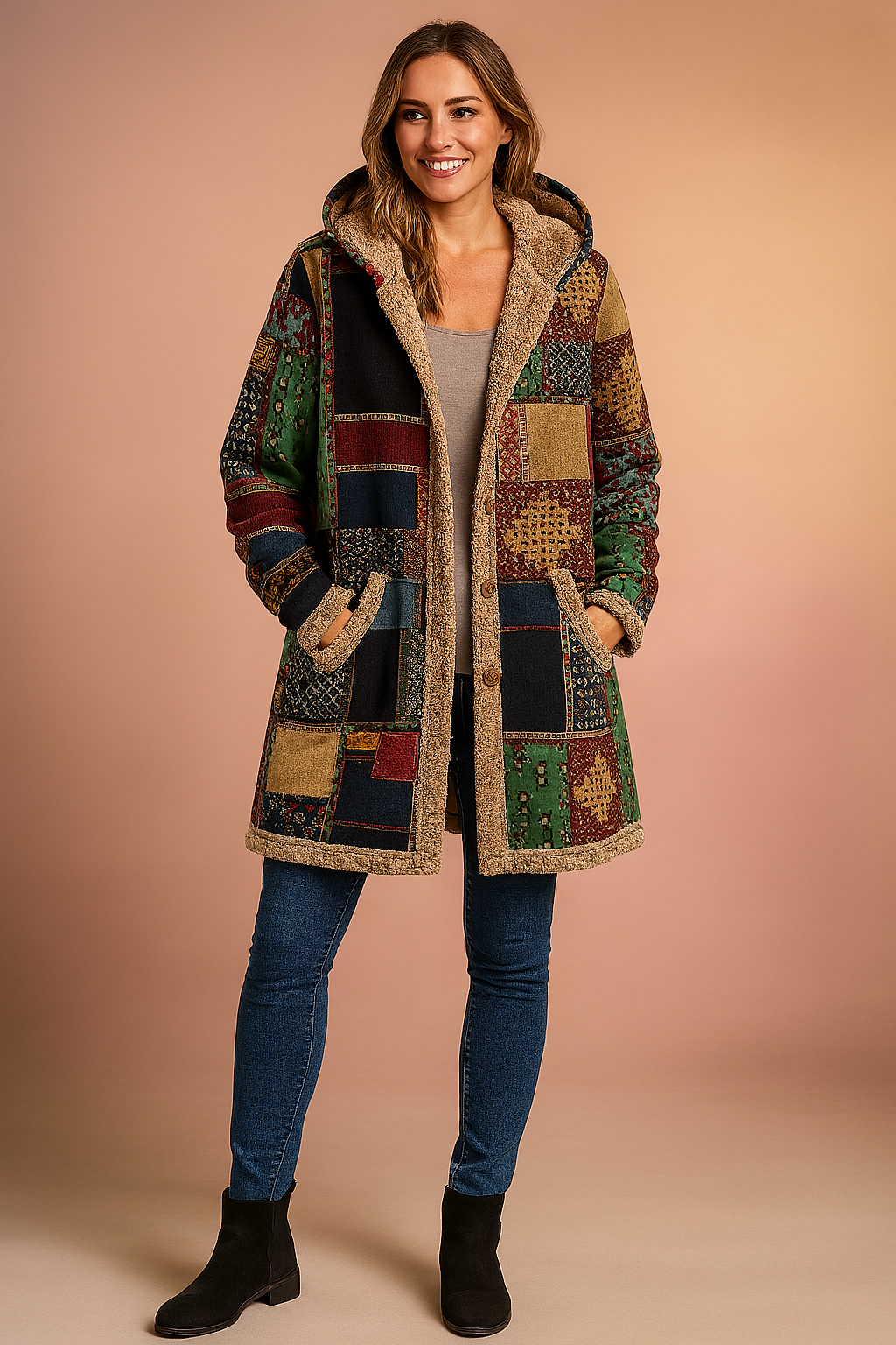 Women's long patchwork hooded coat with multicolor square and rectangle panels, sherpa fleece lining, deep side pockets, and wooden button front closure.