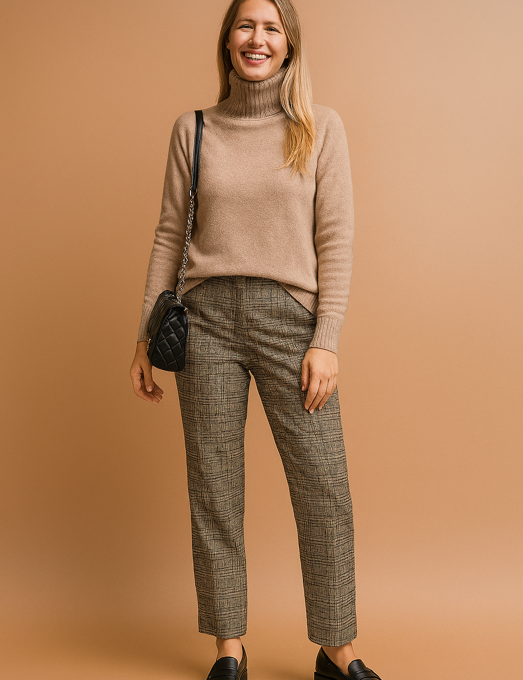 Taupe beige soft knit turtleneck sweater with ribbed cuffs and hem, styled with tailored plaid trousers, black loafers, and a quilted black shoulder bag.