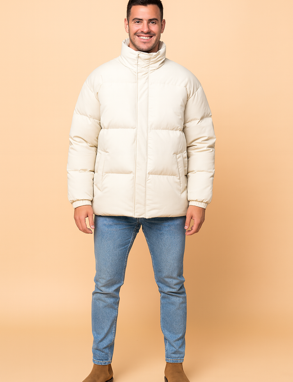 Padded winter puffer jacket in creamy ivory white with high collar, smooth matte texture, and clean quilted segments. Features straight front zipper, hidden closure, side hand pockets, and elastic cuffs for optimal warmth and comfort.
