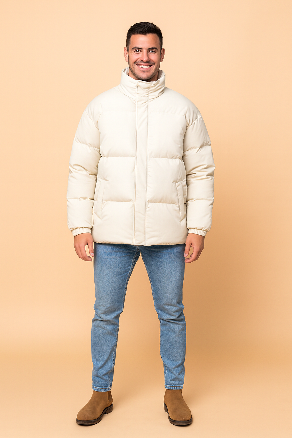 Padded winter puffer jacket in creamy ivory white with high collar, smooth matte texture, and clean quilted segments. Features straight front zipper, hidden closure, side hand pockets, and elastic cuffs for optimal warmth and comfort.