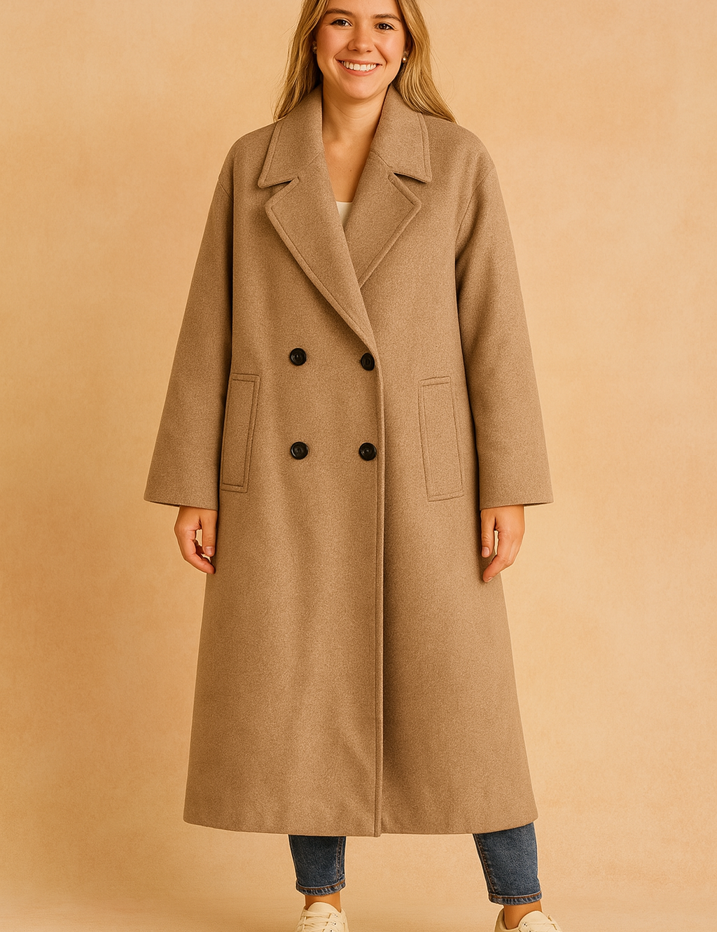 Khaki double-breasted long coat with wide lapel collar and front pockets, styled with jeans and sneakers for a classic look.