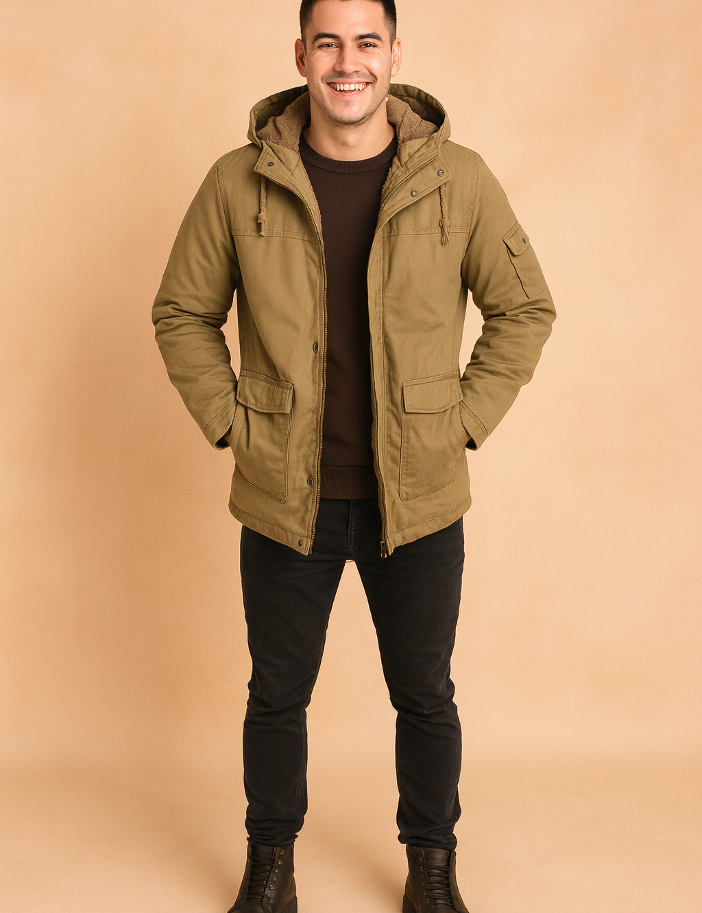 Men’s khaki hooded winter jacket with faux fur lining, front zipper, and multiple utility pockets, styled with black slim-fit jeans and black lace-up boots.