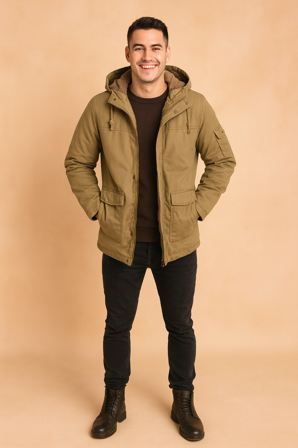 Men’s khaki hooded winter jacket with faux fur lining, front zipper, and multiple utility pockets, styled with black slim-fit jeans and black lace-up boots.