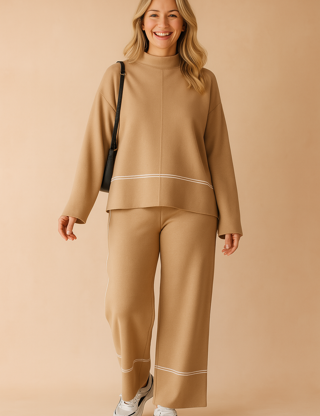 Two-piece khaki knit coord set featuring a boxy long-sleeve top with white piping detail and matching wide-leg trousers, styled with white sneakers and a black shoulder bag.