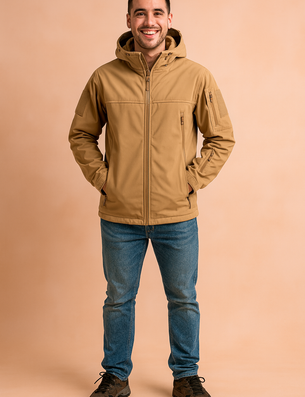 Men's khaki outdoor jacket with full zipper, hood, and multiple utility pockets, styled for comfort and durability