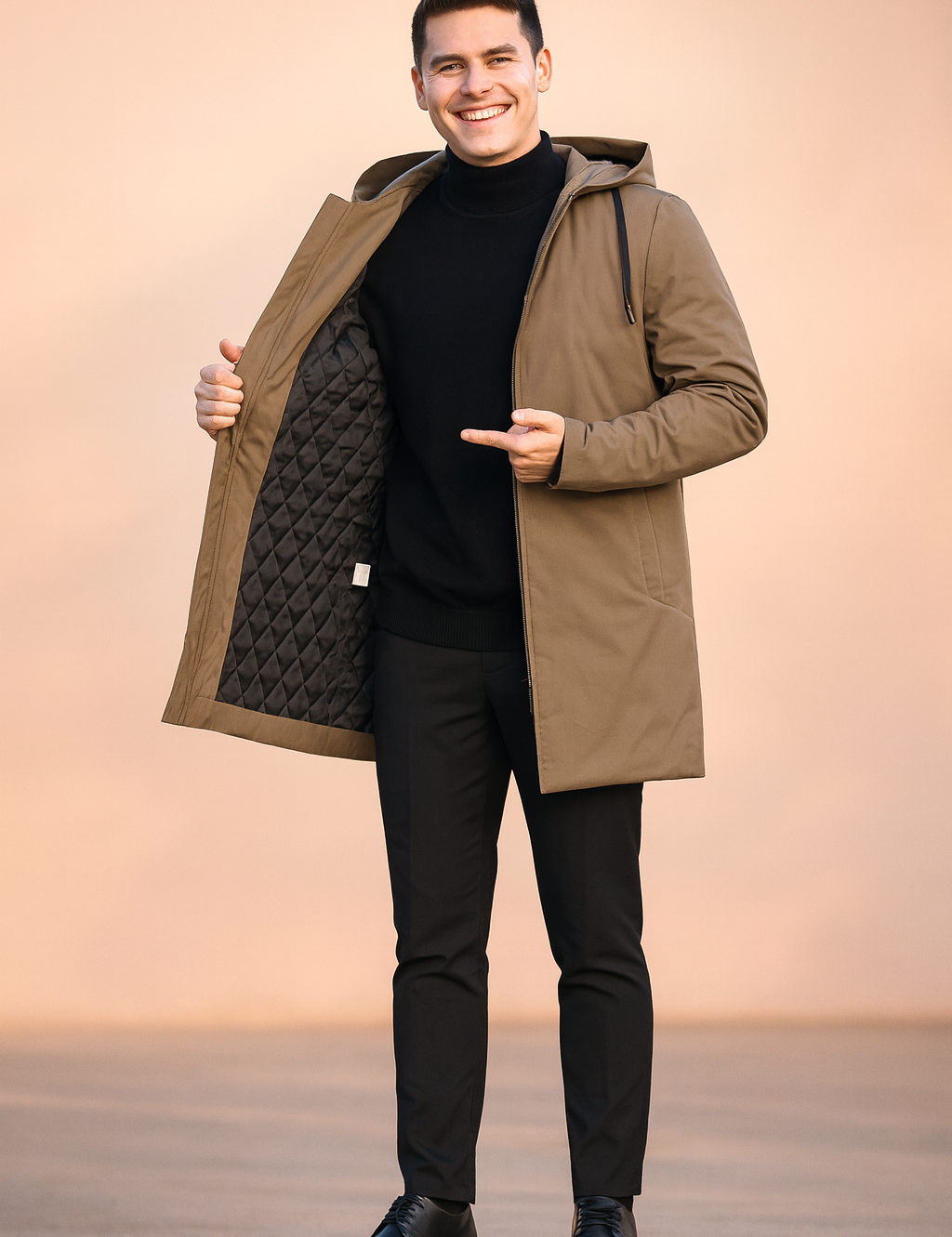 Men's long parka coat in khaki brown with quilted black interior lining, hooded design, full-length zip closure, and sleek tailored cut for winter wear.