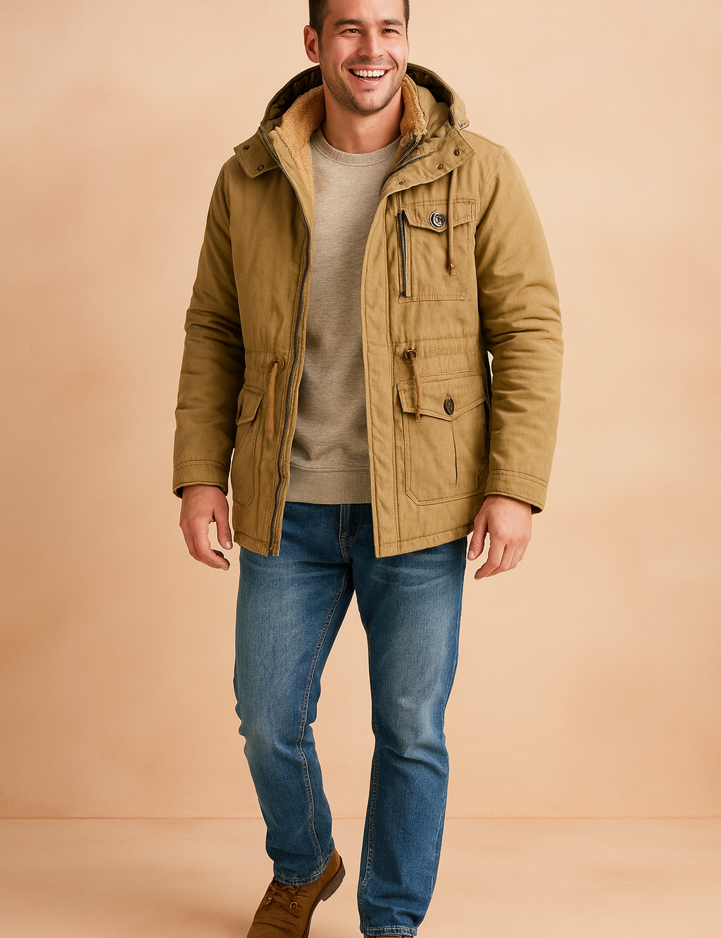 Khaki winter parka jacket with faux-shearling lining, multiple front pockets, and adjustable hood, styled for warmth and casual outdoor wear.