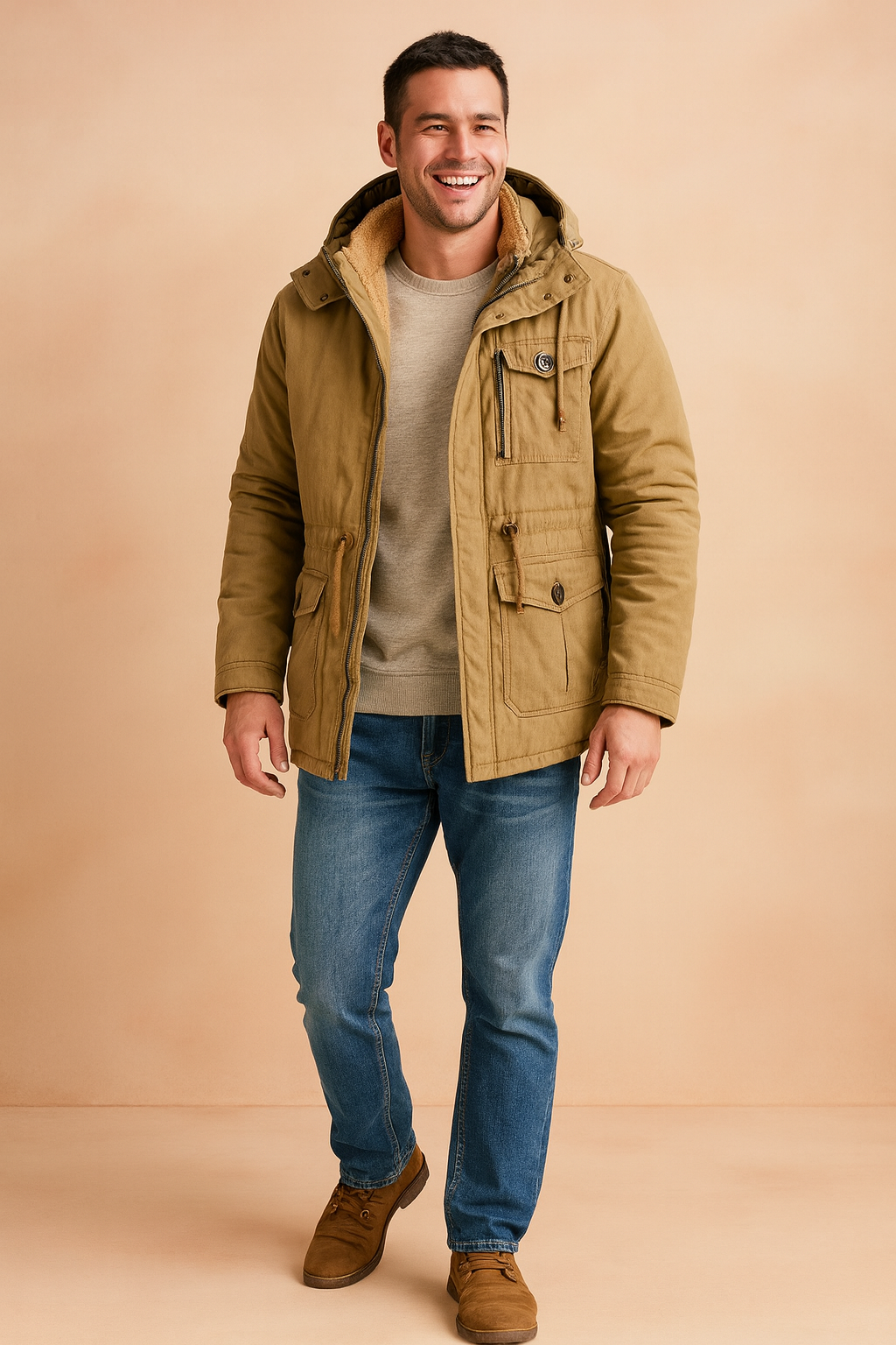 Khaki winter parka jacket with faux-shearling lining, multiple front pockets, and adjustable hood, styled for warmth and casual outdoor wear.