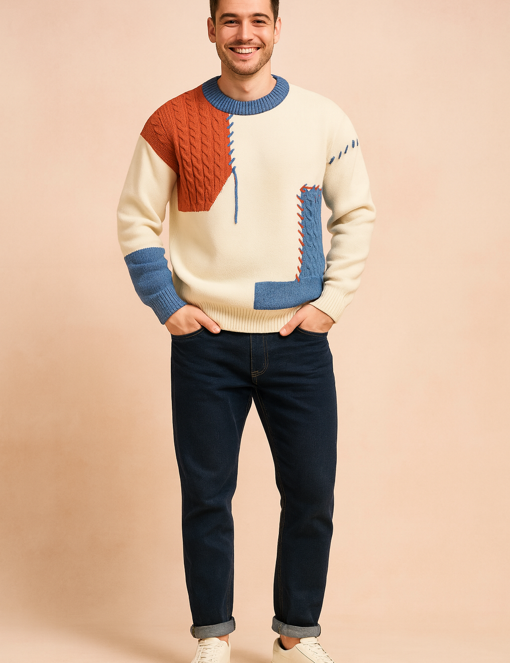Color-block knit sweater featuring a cream base with textured cable-knit red and diamond-patterned blue panels, finished with blue and red whipstitch accents and ribbed hems for a bold, modern look.