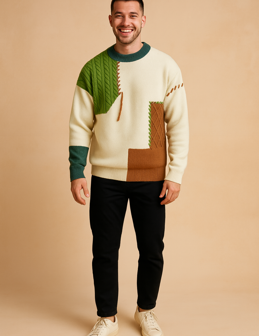 Color-block knit sweater in cream with green, brown, and teal stitched accents, paired with slim black pants and off-white sneakers for a modern casual outfit.