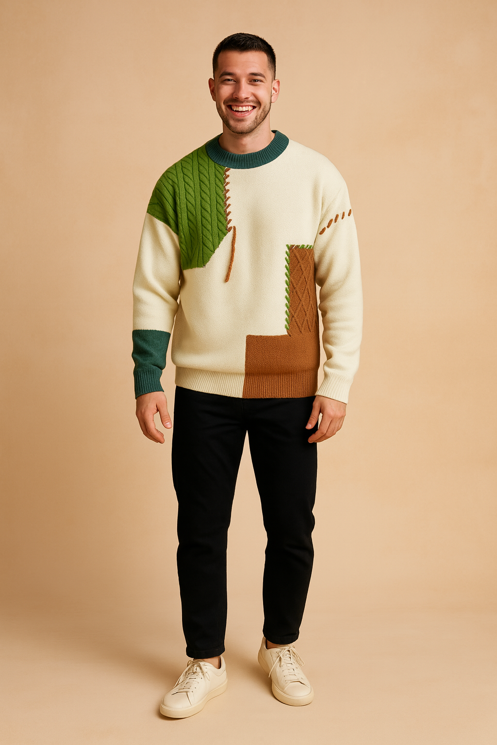 Color-block knit sweater in cream with green, brown, and teal stitched accents, paired with slim black pants and off-white sneakers for a modern casual outfit.