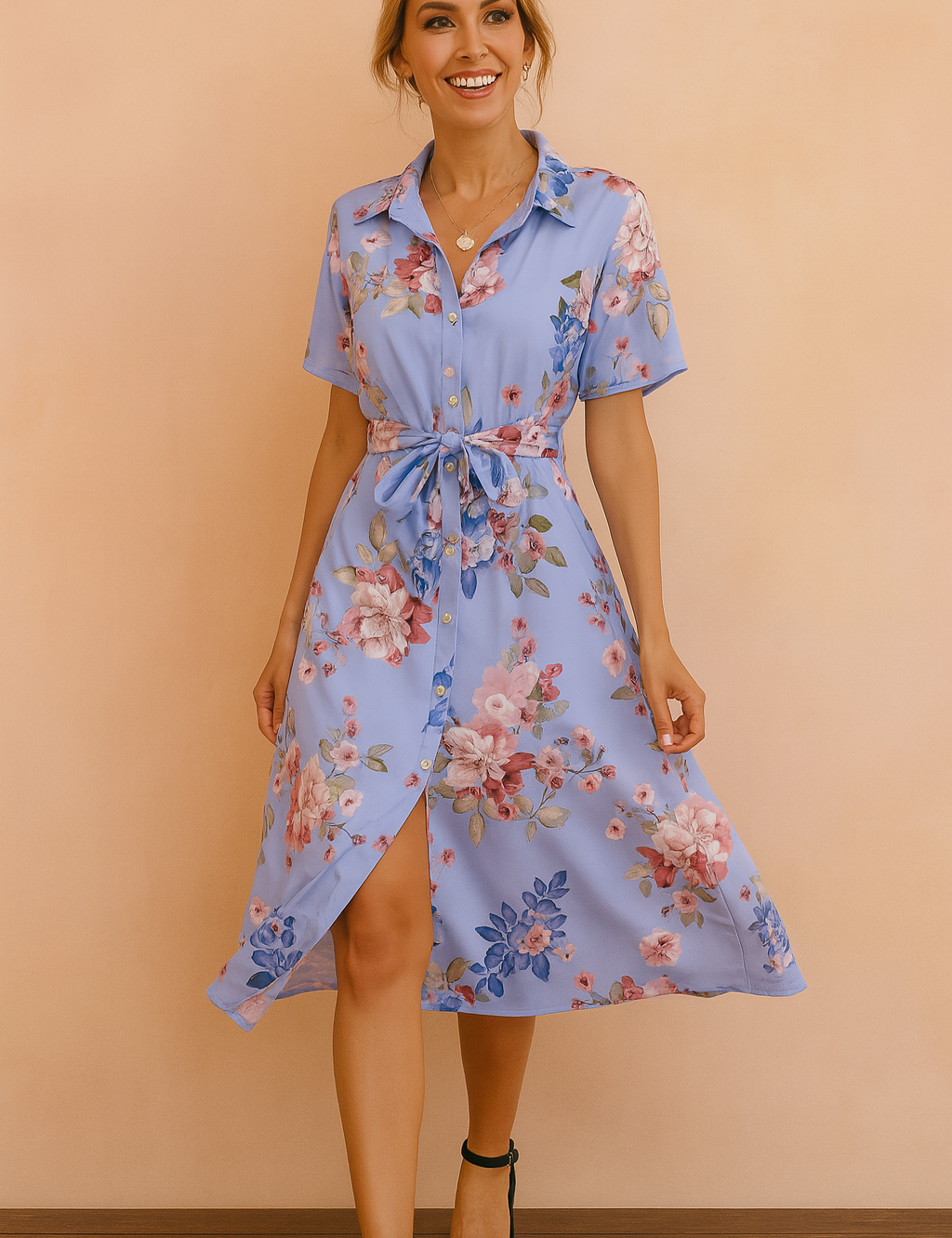 Lavender button-down midi dress with short sleeves, a collared neckline, and a tie waist, featuring a vibrant all-over floral print in pink, burgundy, and blue hues, styled with a front slit and paired with black heels.