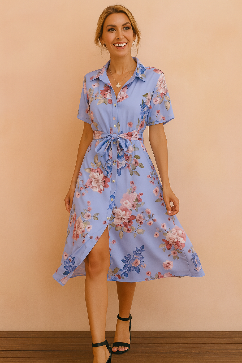 Lavender button-down midi dress with short sleeves, a collared neckline, and a tie waist, featuring a vibrant all-over floral print in pink, burgundy, and blue hues, styled with a front slit and paired with black heels.