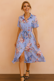 Lavender button-down midi dress with short sleeves, a collared neckline, and a tie waist, featuring a vibrant all-over floral print in pink, burgundy, and blue hues, styled with a front slit and paired with black heels.