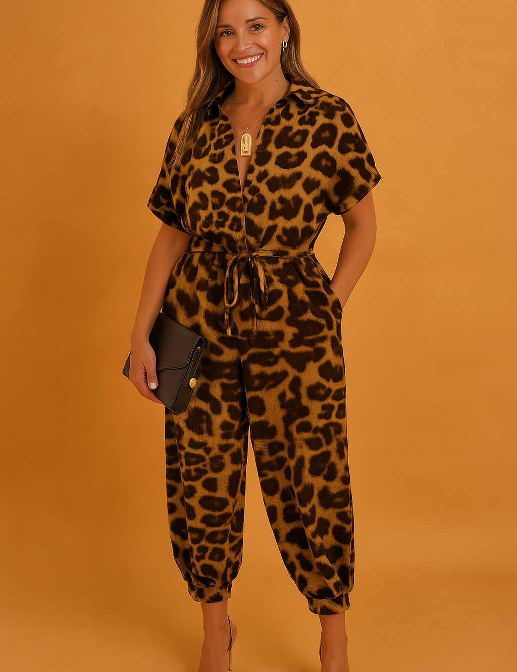 Leopard-print jumpsuit featuring a deep V-neckline, short sleeves, drawstring waist, and gathered ankle cuffs, accessorized with nude heels and a black clutch.
