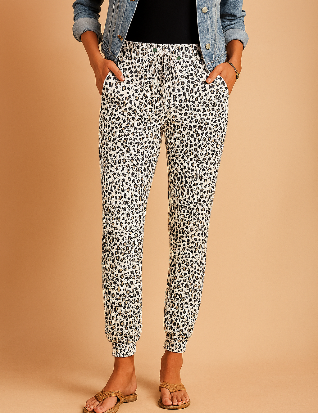 White jogger pants with a bold black and gray leopard print, featuring a drawstring waist, cuffed ankles, and a relaxed tapered fit.