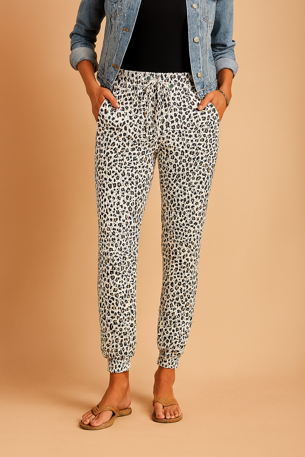 White jogger pants with a bold black and gray leopard print, featuring a drawstring waist, cuffed ankles, and a relaxed tapered fit.