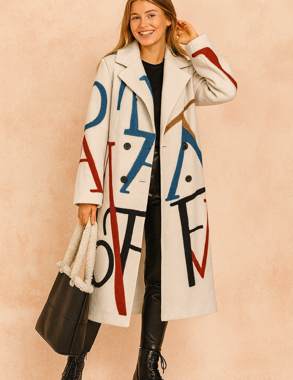 Off-white wool coat with oversized multicolor graffiti-style letters, styled with black leather leggings, lace-up boots, and a shearling-handle tote bag.