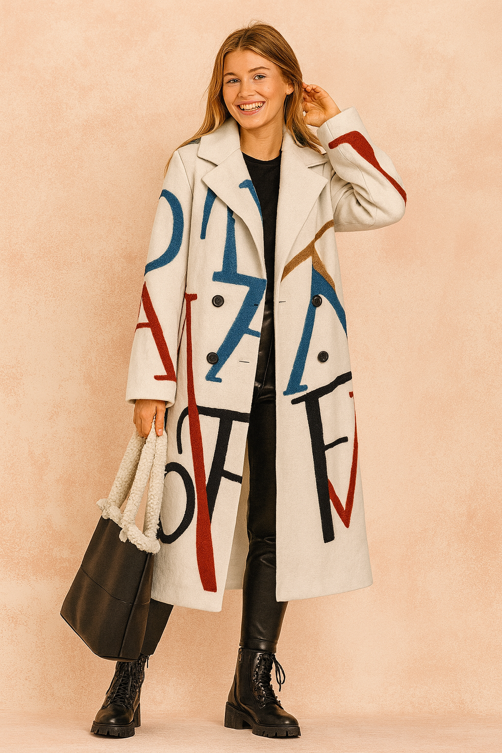 Off-white wool coat with oversized multicolor graffiti-style letters, styled with black leather leggings, lace-up boots, and a shearling-handle tote bag.